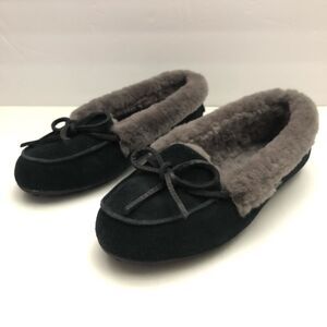 UGG Women Gray Black Shearling Lined Flat Slippers Solana Loafer 1020041 US 6